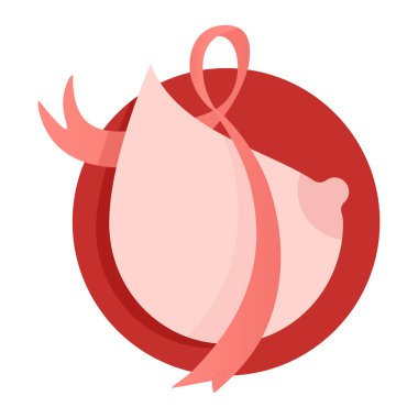 Beautiful female breasts on a red background and in a ribbon in honor of Breast Cancer Day