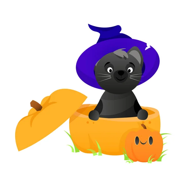 Cute Black Cat Sits Half Pumpkin Purple Witch Hat Its — Stock Vector