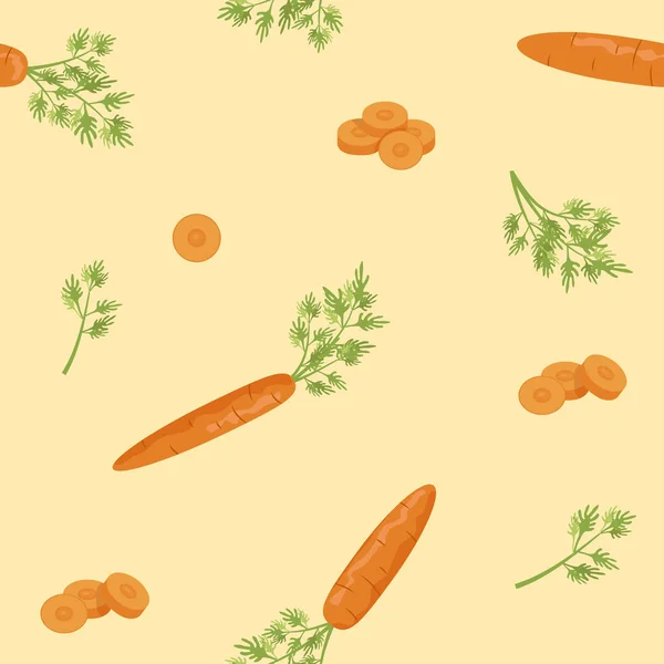 Orange carrots with haulm seamless pattern. Sliced carrot.
