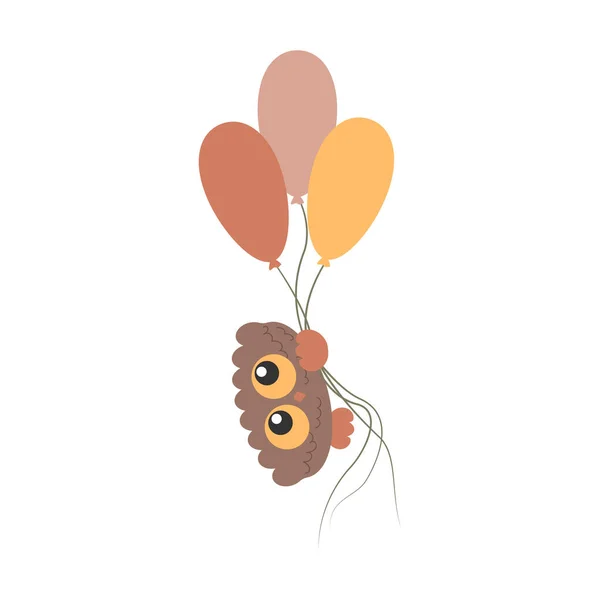 Little Cute Bird Owl with big eyes flying to the sky holding air balloons