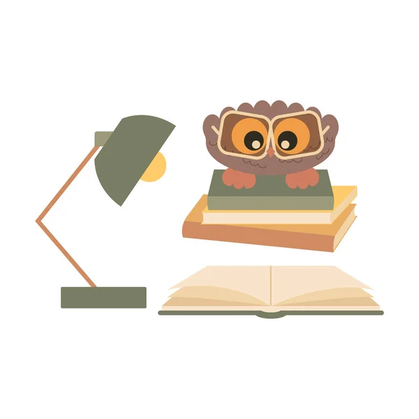 Little Cute Bird Owl with big eyes in glasses sitting on books and reading book