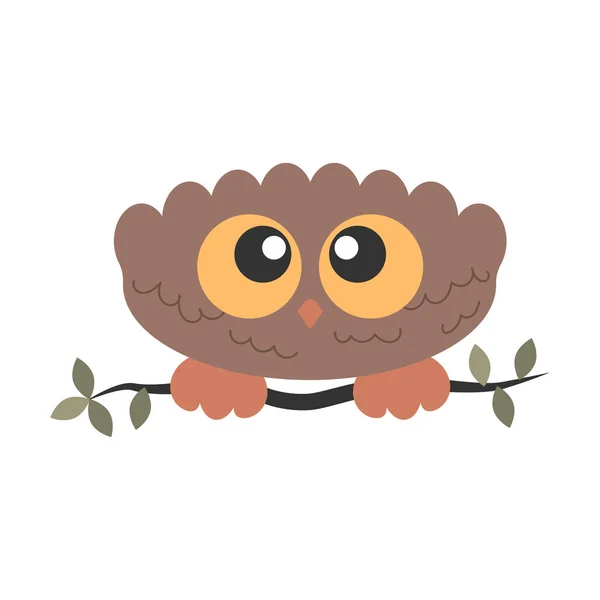 Little Cute Bird Owl Big Eyes Sitting Branch — стоковый вектор