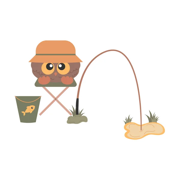 Little Cute Bird Owl Fisherman with big eyes sitting on chair near fishing rod