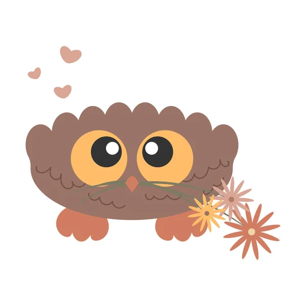 Little Cute Sowa Ptaków Dużymi Oczami Trzyma Kwiat Jego Dziób — Wektor stockowy