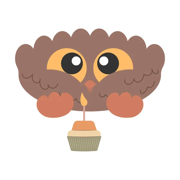 Μικρό Χαριτωμένο Πουλί Κουκουβάγια Μεγάλα Μάτια Cupcake Και Κερί — Διανυσματικό Αρχείο