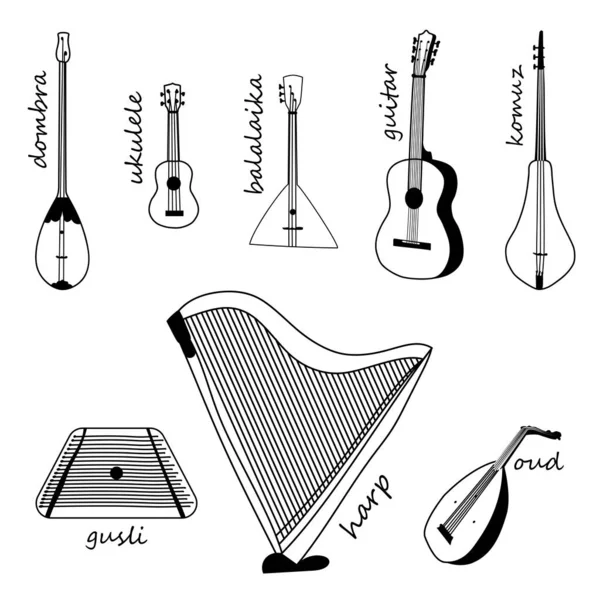 Set of Stringed Music Instruments hand drawn doodle