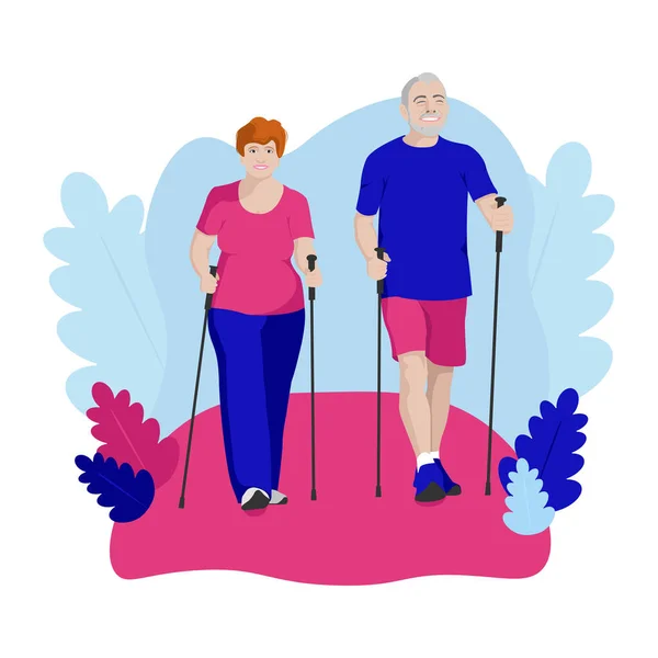 Senior Couple Exercise Nordic Walking Park Flat Vector Illustration Abstract — Stock Vector