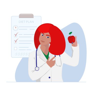 Beslenme uzmanı kadın doktor arka planda diyet planı ile kırmızı elma ve tablet stokluyor