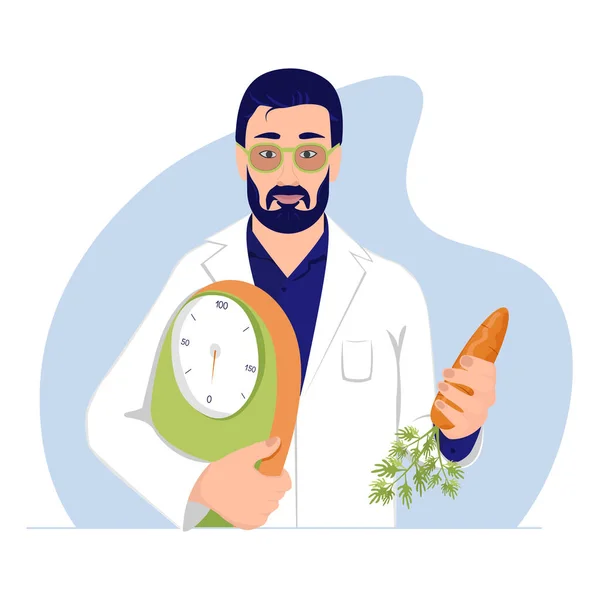 Beslenme uzmanı doktor elinde terazi ve havuç tutuyor.