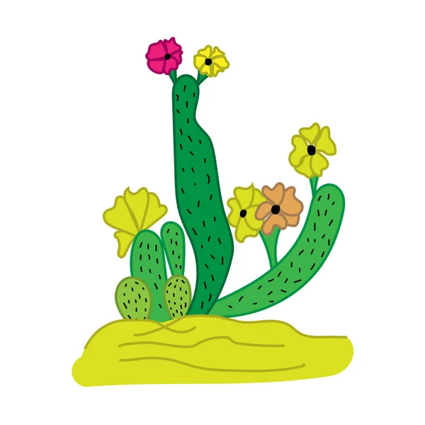 Hand Drawn Cactus in Desert with flowers