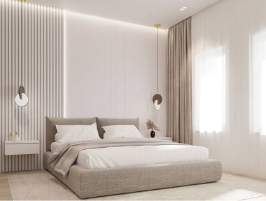 Modern yatak odasının içinde kanepe, yatak ve mobilyalar var. 3d oluşturma