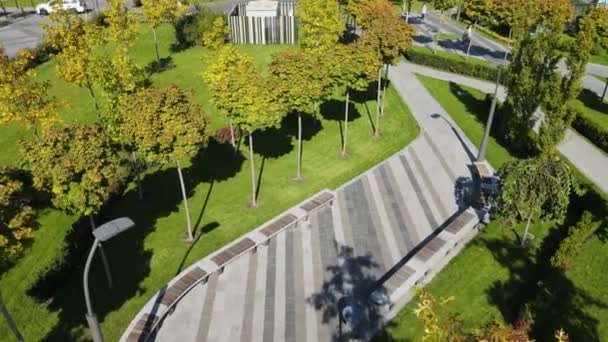 Smuk Efterårspark Med Maleriske Gule Appelsintræer Efterlader Svajer Vinden Orlov – Stock-video
