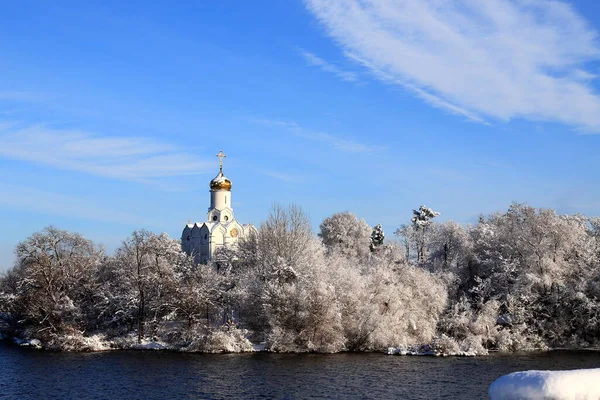 Winter Christmas Landscape Christian Orthodox Church Island Dnieper River Covered — Foto Stock
