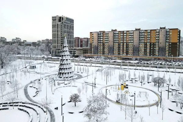 Hiver Ville Neige Paysage Fond Arbre Noël Parc Rue Hiver — Photo