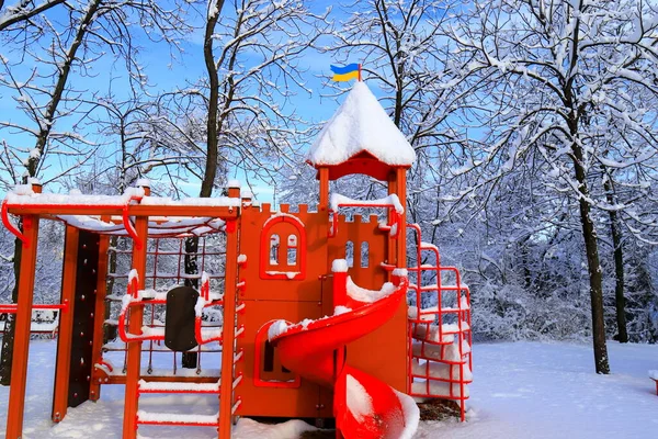 Winter Park Red Playground Covered Snow Children Slides Swings Winter — Photo