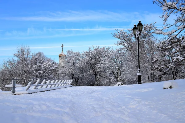 Noël Fond Rue Hiver Avec Lanterne Paysage Pittoresque Parc Hiver — Photo