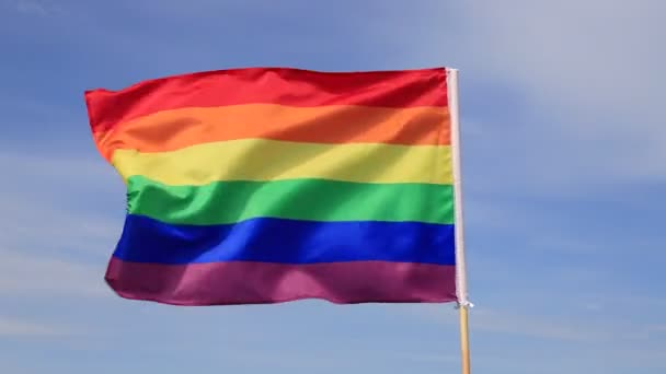 Lgbtコミュニティの美しい虹の旗が空を飛んでいます Lgbtのプライドフラグは レズビアンゲイのバイセクシャルトランスジェンダーの性的少数者によって使用される — ストック動画