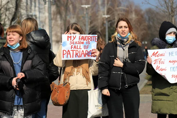 Змагання Права Жінок Міжнародний Жіночий День Березня Фемінізм Дівчата Тримають — стокове фото