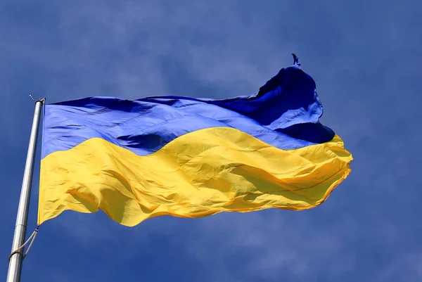 Mavi Gökyüzünde Dalgalanan Ukrayna Bayrağı Büyük Sarı Ukrayna Ulusal Bayrağı — Stok fotoğraf