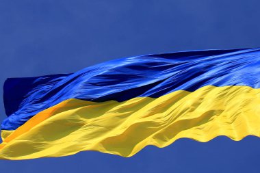 Mavi gökyüzünde Ukrayna bayrağı dalgalanıyor. Büyük sarı Ukrayna ulusal bayrağı, Kyiv, Ukrayna
