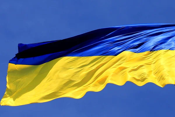 Ukraine Flag Flies Blue Sky Large Yellow Blue Ukrainian National — Stock Photo, Image