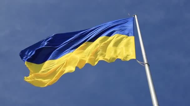 Flagga Ukraina Fladdrar Blå Himmel Stor Gul Blå Ukrainska Nationalstaten — Stockvideo