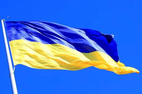 Flag Ukraine Flutters Blue Sky Large Yellow Blue Ukrainian National — стоковое фото