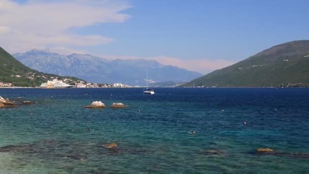 Seascape Large White Cruise Liner Stands Bay Kotor High Mountains — стоковое видео