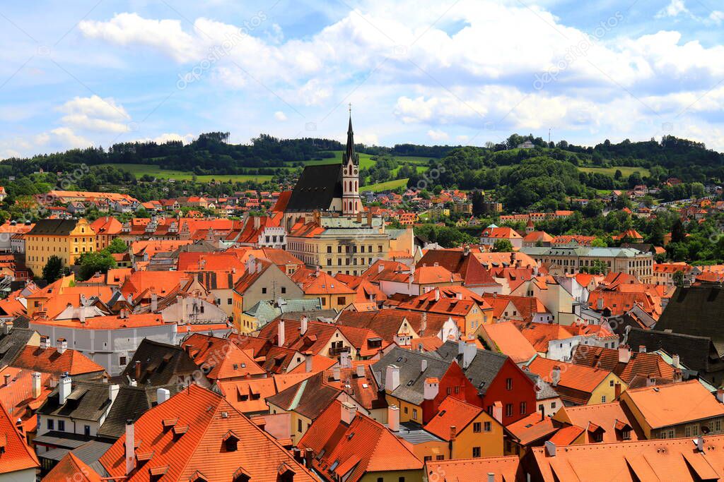 Panorama of Cesky Krumlov. A beautiful and colorful amazing historical Czech town. The city is UNESCO World Heritage Site on Vltava river. Czech, Krumlov