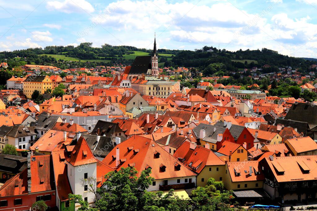 Panorama of Cesky Krumlov. A beautiful and colorful amazing historical Czech town. The city is UNESCO World Heritage Site on Vltava river. Czech, Krumlov