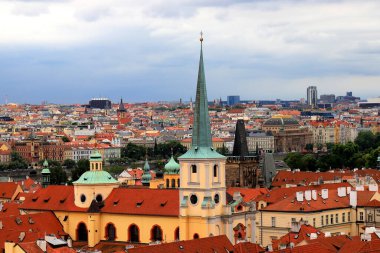 Prag, Çek Cumhuriyeti. Mala Strana, Prag 'ın Küçük Kasabası. Şehir merkezinin en üst manzarası, panorama. Kırmızı kiremitli çatıları, kilisesi, kulesi, kalesi olan antik eski binalar.