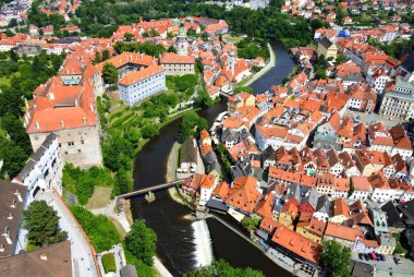 Panorama of Cesky Krumlov. A beautiful and colorful amazing historical Czech town. The city is UNESCO World Heritage Site on Vltava river. Aerial view from drone. Czech, Krumlov