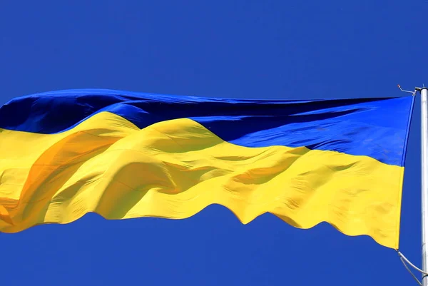 Flag Ukraine Flutters Blue Sky Large Yellow Blue Ukrainian National — Zdjęcie stockowe