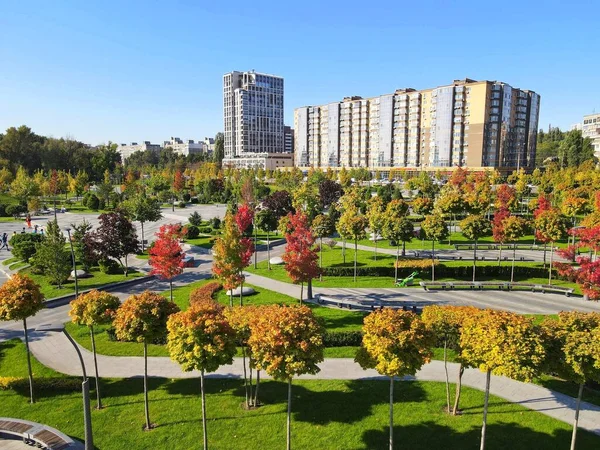 Autumn Park Yellow Orange Trees Autumn City Streets Houses Skyscrapers — Stock fotografie