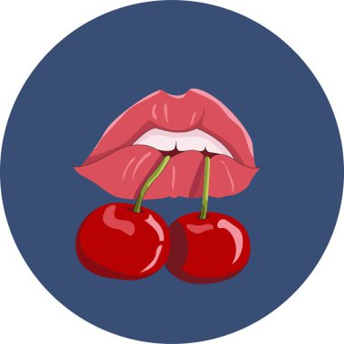 Kirazlı kırmızı dudaklı kadın. Vektör parlak çizgi film. Seksi kadın dudakları, parlak dudaklar ve kiraz, içkiler ve kozmetik, böğürtlenlerin çizimi, yaz, flört, tutku. Simge pop-art.