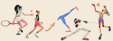 Kilitleme, aktivite, vücut eğitimi, kapalı alanda çalışma konsepti için vektör çizimi. Genç kız çizgi film karakterleri spor antrenmanı yapıyorlar. Voleybol, eskrim, tenis, yoga, esneme.