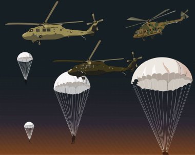 Ordu helikopteri ve paraşüt simgeleri hazır. Sivil ve askeri nakliye helikopterleri koleksiyonu. Vektör helikopteri izole edildi, paraşütler.