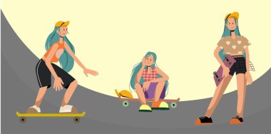 Gençlerin kaykayla sörf veya rampa pistinde kaykay yapmasının vektör çizimi