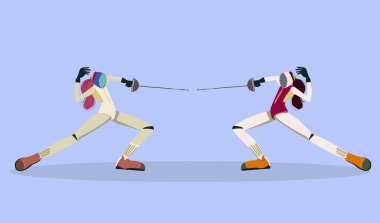 Two people doing fencing illustration.  Fencing championship vector illustration. Vector fencer women.