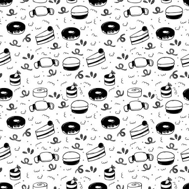 Kek, kruvasan, badem, çörek ve tarçınlı çörek ile bembeyaz bir desen.