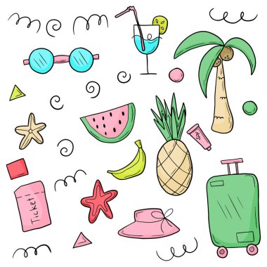  Doodle taslak stili el çizimi seyahat yaz tatili öğeleri seti.