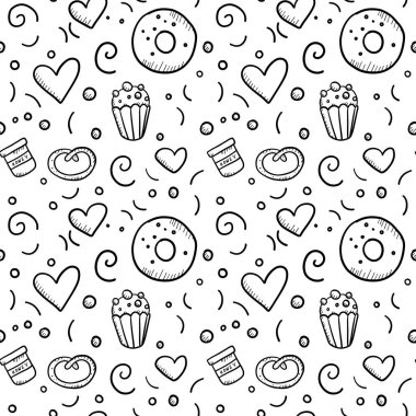 Pasta, kruvasan, badem, çörek ve tarçınlı beyaz üzerinde kusursuz desen..