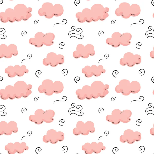 Rosa doodle nuvens sem costura padrão com redemoinhos contorno preto. — Vetor de Stock