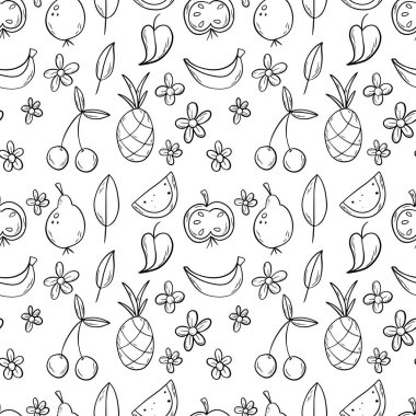 Siyah çizgili karalama, ananas, elma, armut, karpuz, muz, kiraz desenli dikişsiz meyve deseni.