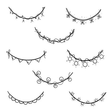 Siyah çizgili Doodle tarzı bir çelenk. Üçgen, lamba, çiçek çelengi.