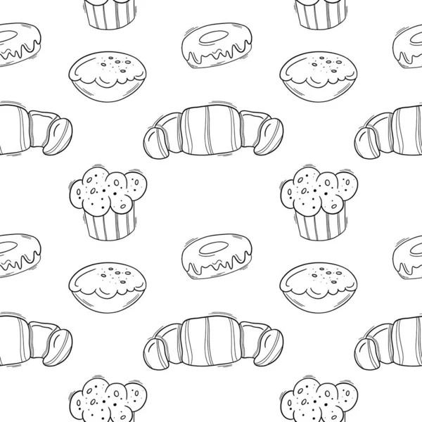 Panadería doodle negro esbozar patrón sin costuras con pastelería. Tortas, rosquillas, bollos y croissants. — Vector de stock