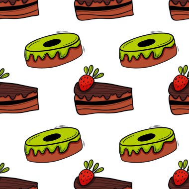 Pastane, pastayla renklendirilmiş kusursuz desen. Çilekli pasta ve yeşil kremalı donut..