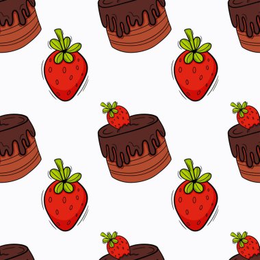 Pastane, pastayla renklendirilmiş kusursuz desen. Kekler, çörekler, çörekler ve çilekler.