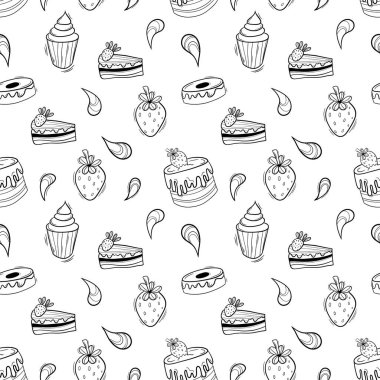 Pastane siyah karalama ana hatlarıyla hazırlandı. Kekler, çörekler, çörekler ve çilekler.