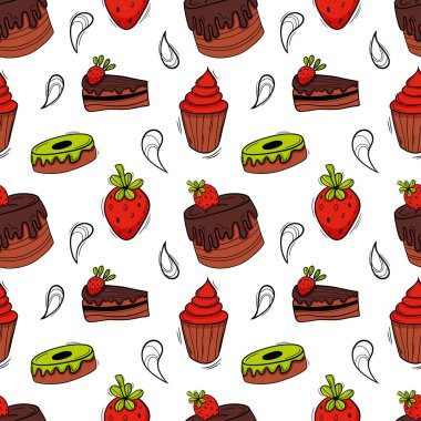 Pastane, pastayla renklendirilmiş kusursuz desen. Kekler, çörekler, çörekler ve çilekler.